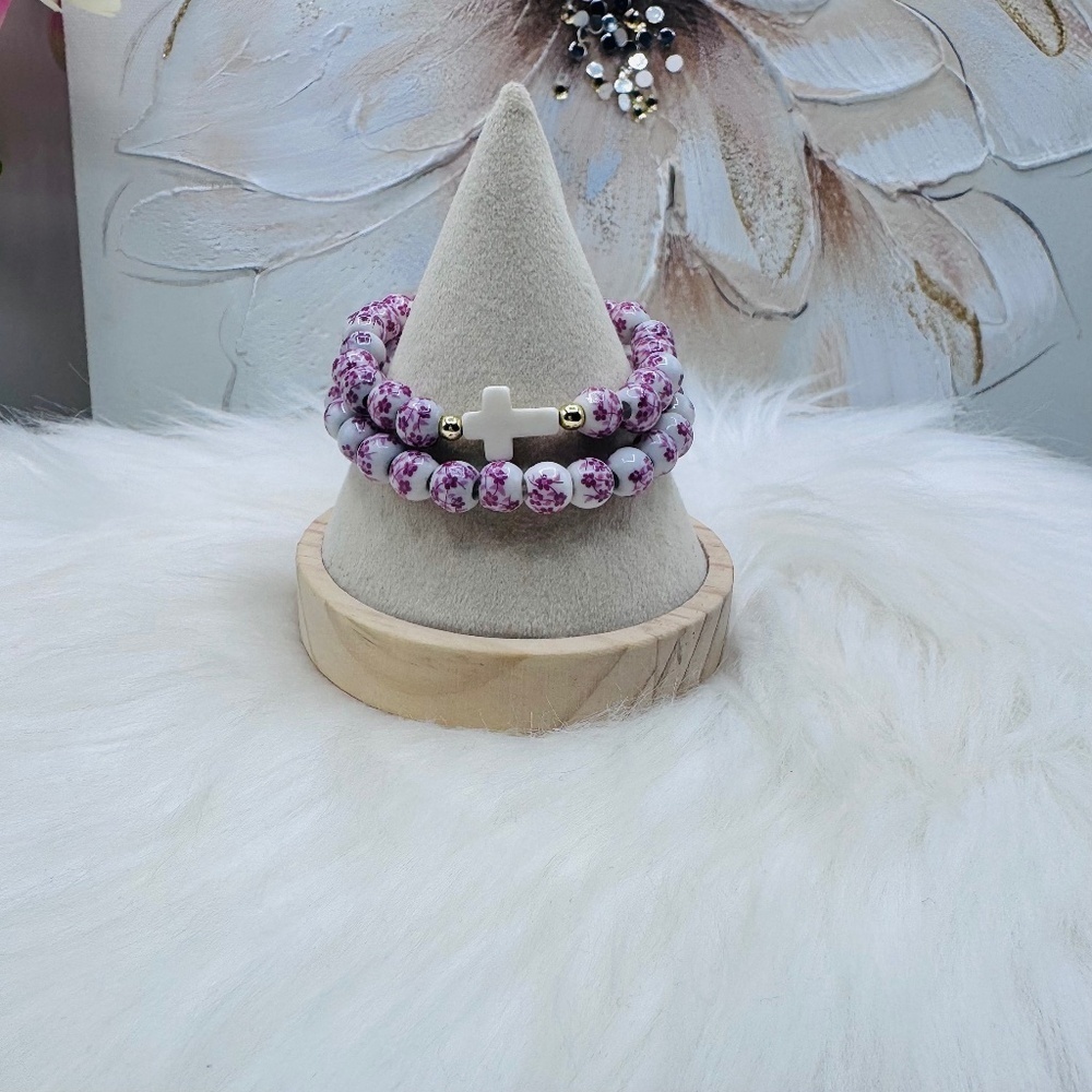 Chinese-Style Ceramic Floral Beaded Stretch Bracelet Pink floral Duo with Cross